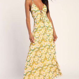 Yellow Floral Print Backless Maxi Dress